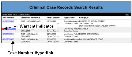 Sample Search Results screen when cases found