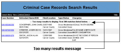 Sample Search Results Screen when too many matches found